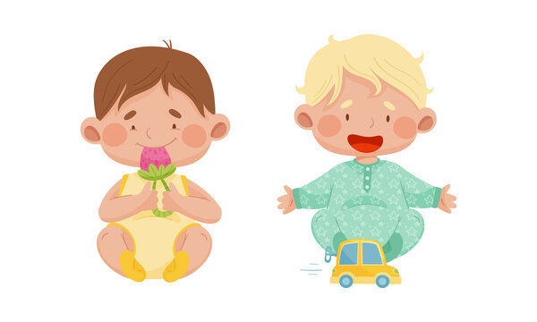 Cute babies playing toys set. Lovely toddler boys with nipple teether and car cartoon vector illustration