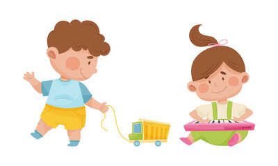 Cute babies playing toys set. Lovely toddler boy and girl playing with truck and piano cartoon vector illustration