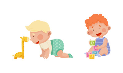 Cute babies playing toys set. Lovely toddler boys playing with giraffe and toy blocks cartoon vector illustration