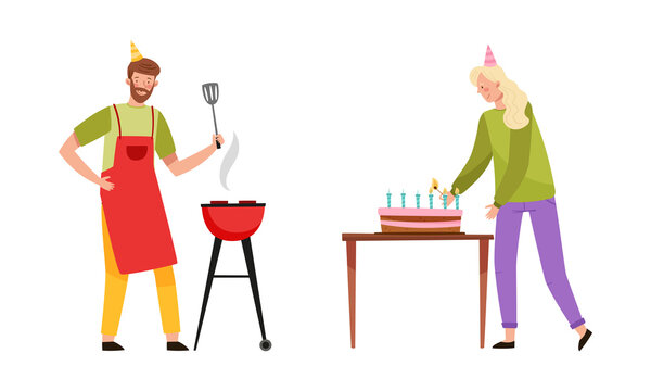 People celebrating birthday set. Man in party hat cooking BBQ. Girl lighting candles on cake cartoon vector illustration