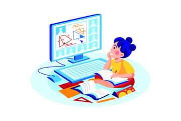 Girl student watching a virtual class on computer