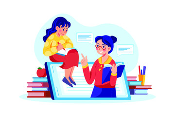 Student woman on top of phone and teacher at the notebook