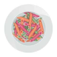 Vector multicolored pasta penne rigate in plate isolated on white background. Top view of the dish.
