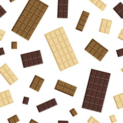 Vector seamless pattern of top view of white, milk and dark chocolate bars and pieces isolated on white background.
