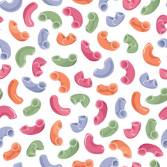 Vector seamless pattern of multicolored elbow pasta isolated on white background.