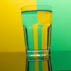 glass of water with a refractive coloured background