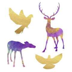 Bright modern animals silhouettes. Fantastic space clip art set on white background