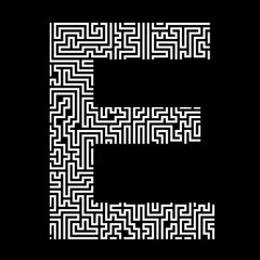 White letter E composed of a maze pattern, isolated on black background. Letter of the Latin (English) alphabet.