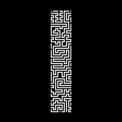 White letter I composed of a maze pattern, isolated on black background. Letter of the Latin (English) alphabet.