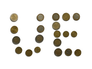 Text UE written with various Euro coins and pennies - UE stands for "Union européenne" in French, translated as European Union in English
