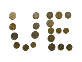 Text UE written with various Euro coins and pennies - UE stands for 