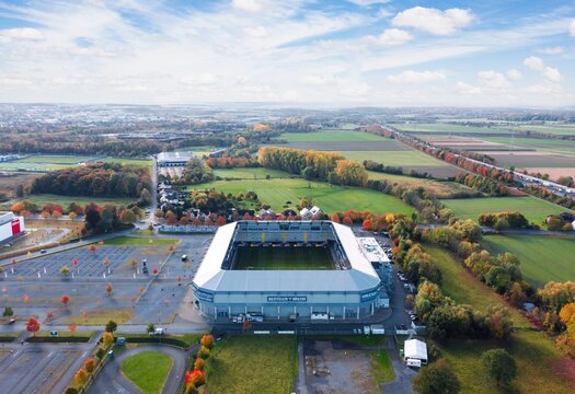 Autumn aerial landscape near Benteler-Arena, home stadium of 2. Bundesliga football club SC Paderborn 07. Paderborn, North Rhine-Westphalia, Germany - October 2021