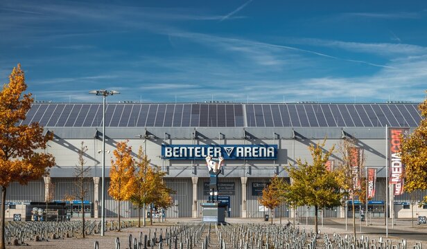 Autumn at Benteler-Arena, home stadium of 2. Bundesliga football club SC Paderborn 07. Paderborn, North Rhine-Westphalia, Germany - October 2021