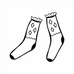 Hand drawn pair of socks in doodle style. Black and white vector illustration