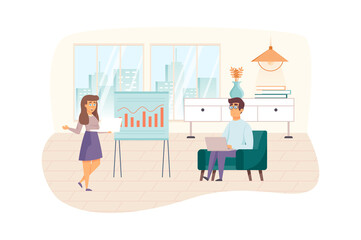 Teamwork of content managers scene. Colleagues discussing website statistics, create content strategy. SEO optimization, promotion concept. Illustration of people characters in flat design