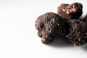Detail of a freshly picked bio black truffle on a white background ready to serve in a restaurant. Tuber nigrum