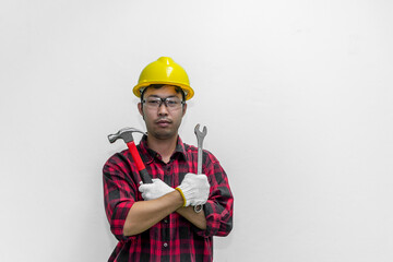 Technician wear helmet with Wrench in hand isolate on white background,Thailand people,Labor day concept