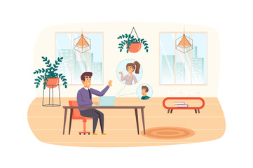 Man talks with colleagues on video conference from home office scene. Businessman communicate online with partners. Video calling work concept. Illustration of people characters in flat design