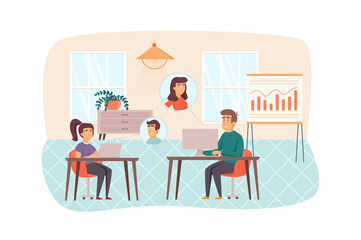 Video conference in office scene. Man and woman make video calls from laptops and communicate with colleagues. Communication technology concept. Illustration of people characters in flat design