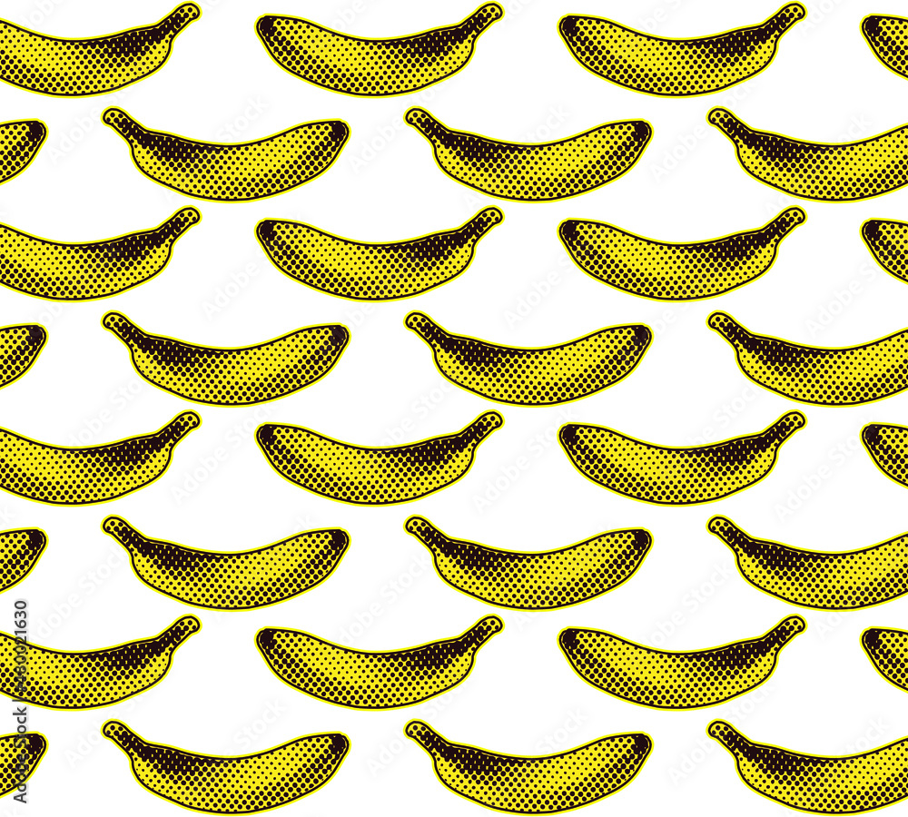 Aufkleber seamless vector pop art pattern of dot halftone yellow bananas in ordered rows on white background.