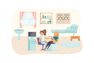Fototapeta premium Pregnant woman receives an ultrasound scan at medical clinic. Happy young family with baby scene. Pregnancy, childhood, maternity concept. Illustration of people characters in flat design