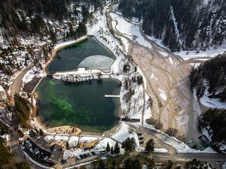 Drone view of Jezero Jasna. Icy man-made lake in Slovenia