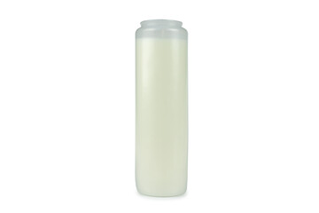 White candles in plastic jar container. Pillar candles for religious, party decor, memorial, or emergency use. 