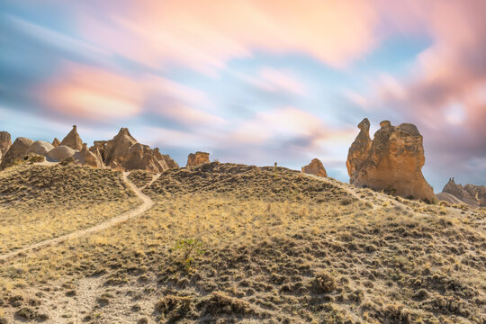 Devrent Valley and fairy chimneys in Cappadocia, Turkey. Devrent Valley is one of the most popular touristic places in Cappadocia. Camel-shaped rock or fairy chimneys. 