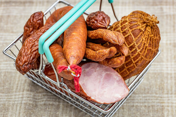 Shopping basket filled with meats, Concept, Rising prices of meat products and food