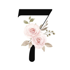 Number 7 with watercolor flowers roses hand painting. Perfectly for anniversary, wedding invitation, greeting card, logo, poster and other floral design. Isolated on white background.
