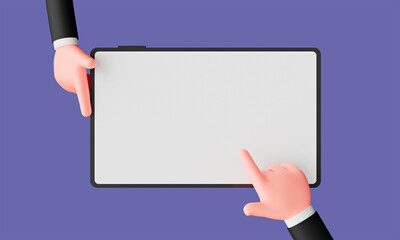 3D Cartoon hand holding tablet isolated on purple background, Hand using tablet mockup illustration. 3D Rendering
