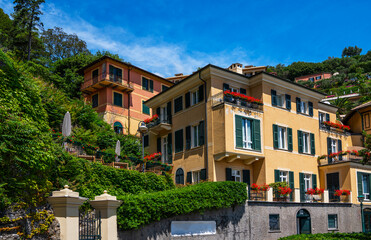 Fototapeta na wymiar Colorful mediterranean buildings in spectacular vacation resort, Portofino, Liguria, Italy, Europe. Picturesque small town street view.