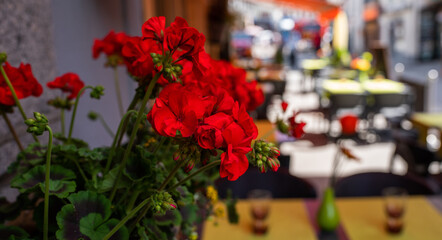 Typical view of the Alpine town. Street decorated with flowers with blured tables and chairs of cafe on the background. Architecture and landmark. View of old cozy street in alpine village.