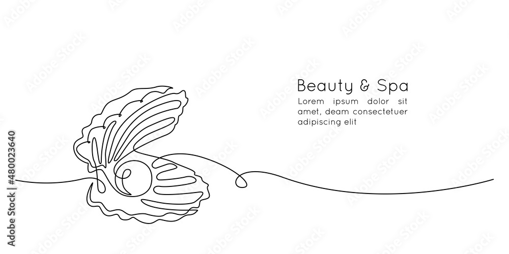 Poster Continuous one line drawing natural open pearl shell and scallop. Modern minimalist icon or logo in simple linear style. Doodle Vector illustration