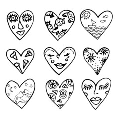 Set of doodle hearts with pattern inside ink hand drawn sketch for cards holidays love valentine design.