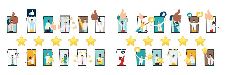 Online quality assessment. Five stars, five likes. Customer feedback, testimonial, online survey concept. Group of people rating customer experience, writing review, leaving feedback. Vector.