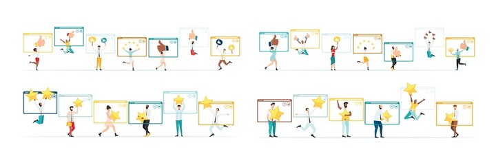 Online quality assessment. Five stars, five likes. Customer feedback, testimonial, online survey concept. Group of people rating customer experience, writing review, leaving feedback. Vector.