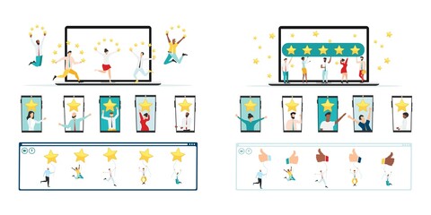 Online quality assessment. Five stars, five likes. Customer feedback, testimonial, online survey concept. Group of people rating customer experience, writing review, leaving feedback. Vector.