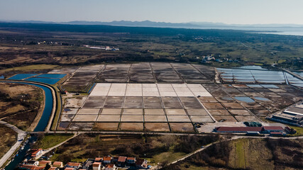 Salt lake for sea salt mining, produced from the evaporation of seawater in Nin, Croatia