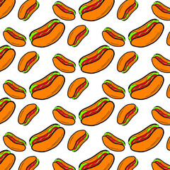 Hot Dog Day vector seamless pattern with buns and sausages 