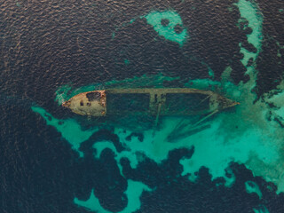 Aerial top down picture of colorful reef and wreck Michele, Adriatic sea, Dugi Otok, Croatia