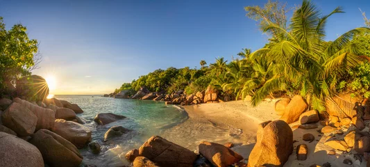 Poster sunset at tropical beach anse lazio on praslin on the seychelles © Christian B.