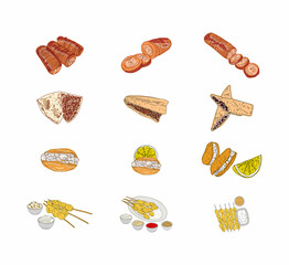 Kokorec, stuffed mussels, fried mussels, hand drawn vector design. Fast food menu design elements. Design element for logo, poster, menu, flyer, banner, menu, package. Vector.