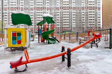 Workouts for sport activities playground and relax place neighbourhood residential settings house after winter snow