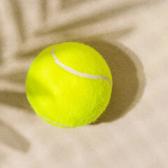 Yellow tennis ball on the sand beach with palm leaves and net shadows. Tennis competitions in warm...