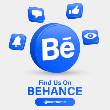 Follow Us On Behance For Social Media Icons Banner In 3d Round Circle Notification Icons Like Comment Eye View Bell Icon - Find Us On 3d Behance Logo With 3d Square Frame - Join Us Network Banners