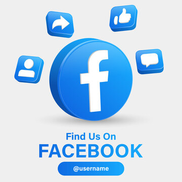 follow us on facebook for social media icons banner in 3d round circle notification icons like comment share follower icon - find us on 3d facebook logo with 3d square frame - join us network banners