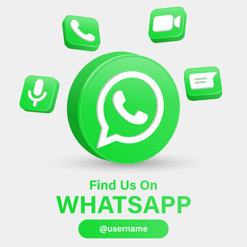 follow us on whatsapp for social media icons banner in 3d round circle notification icons video call voice message icon - find us on 3d whatsapp logo with 3d square frame - join us network banners