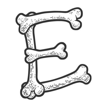letter E made of bones sketch engraving vector illustration. Bones font. T-shirt apparel print design. Scratch board imitation. Black and white hand drawn image.
