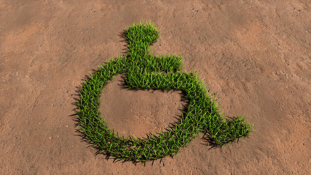Concept conceptual green summer lawn grass symbol shape on brown soil or earth background, wheel chair sign. 3d illustration metaphor for rehabilitation, assistance, accessibility, mobility and safety